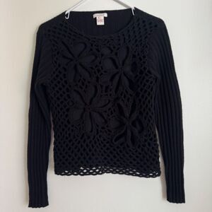 Sundance 100% Lambswool Black Floral Crochet Overlay Sweater | Size S